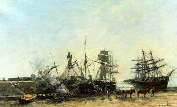 Eugene Boudin : Portrieux, the Port at Low Tide, Unloading Fish